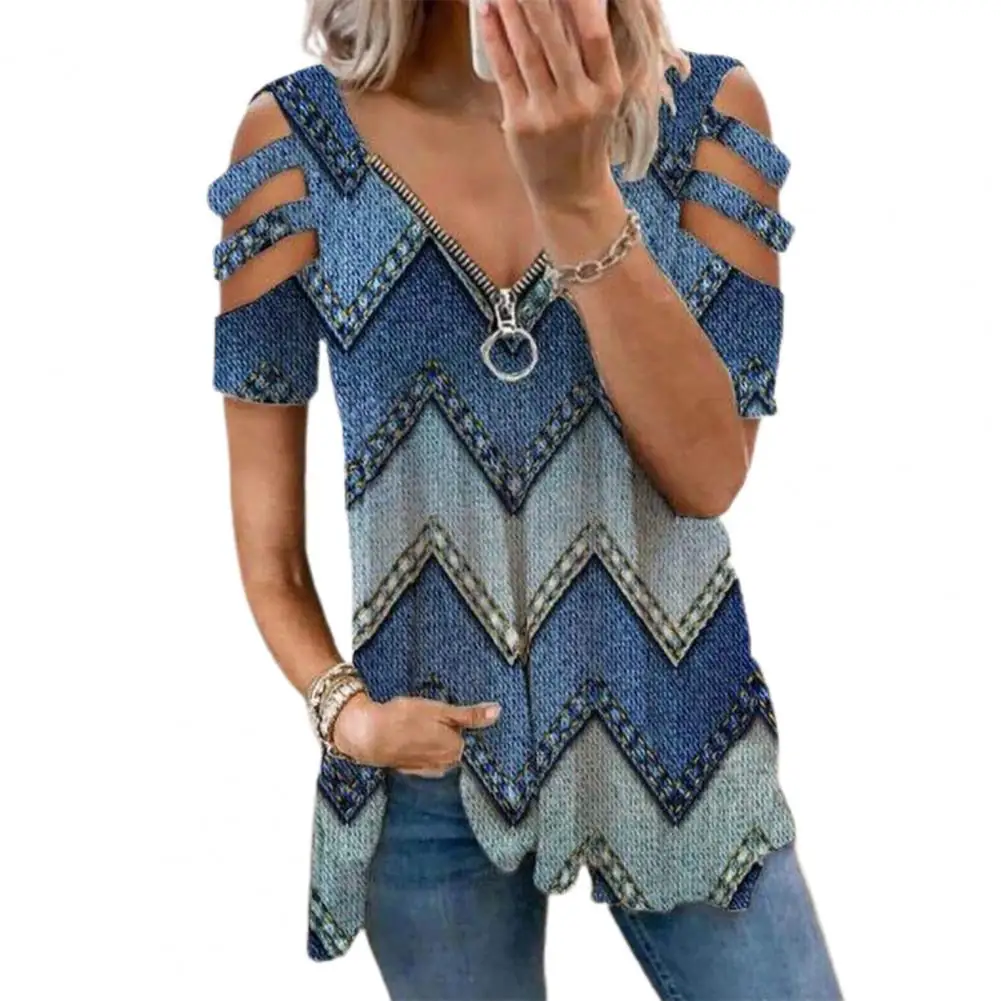 

Stylish Women T-shirt Zipper V Neck Hollow Short Sleeve Printed Loose Blouse Top for Office
