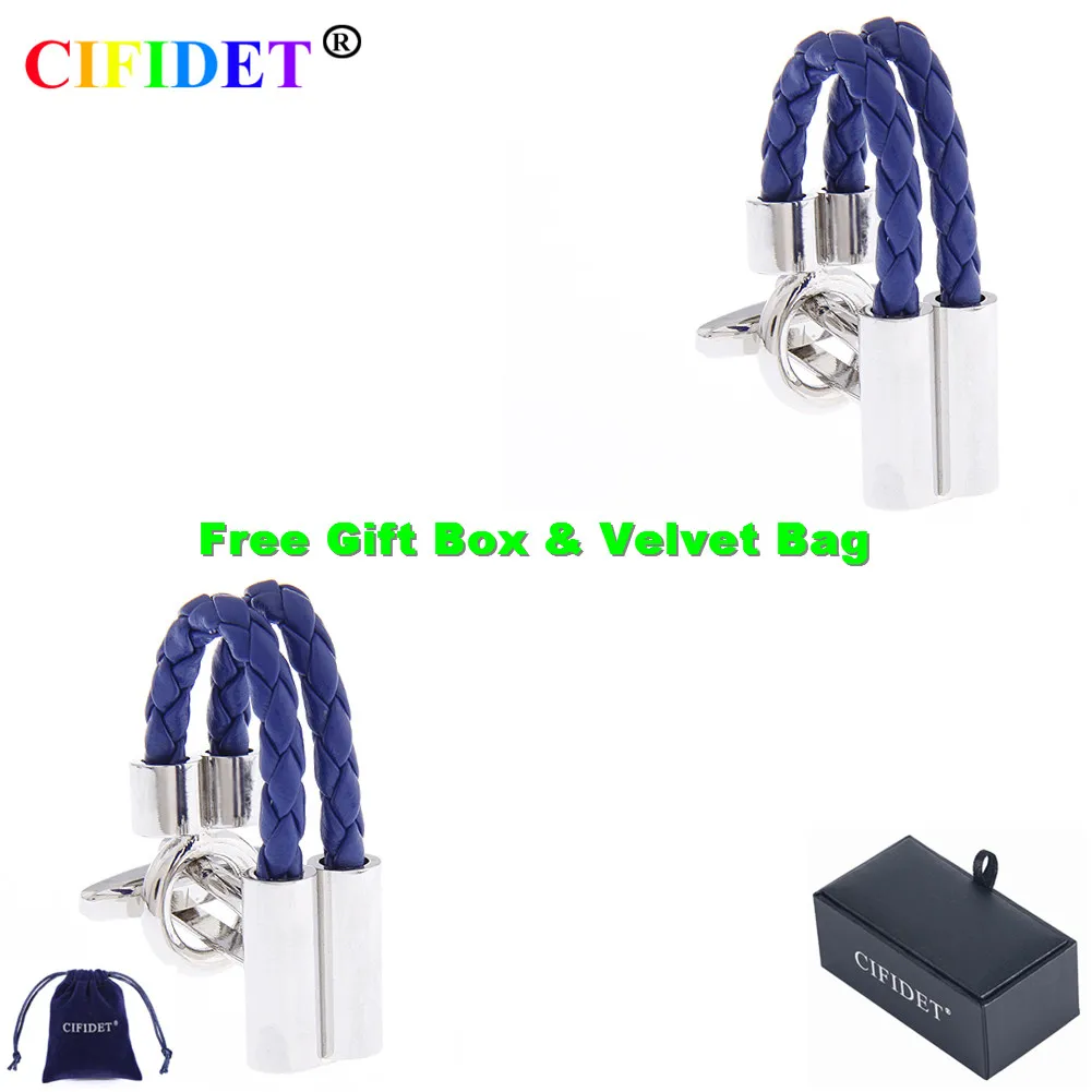 

Запонки CIFIDET мужские с бархатной сумкой и подарочной коробкой, модные кожаные аксессуары синего цвета для рубашек
