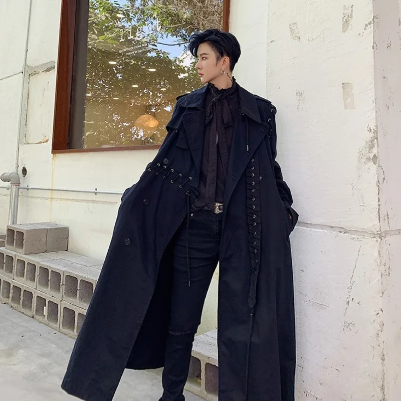

IEFB men and women's wear 2021 Autumn streetwear new trench Personality Rope Design Asymmetry patchwork long coat loose 9Y989