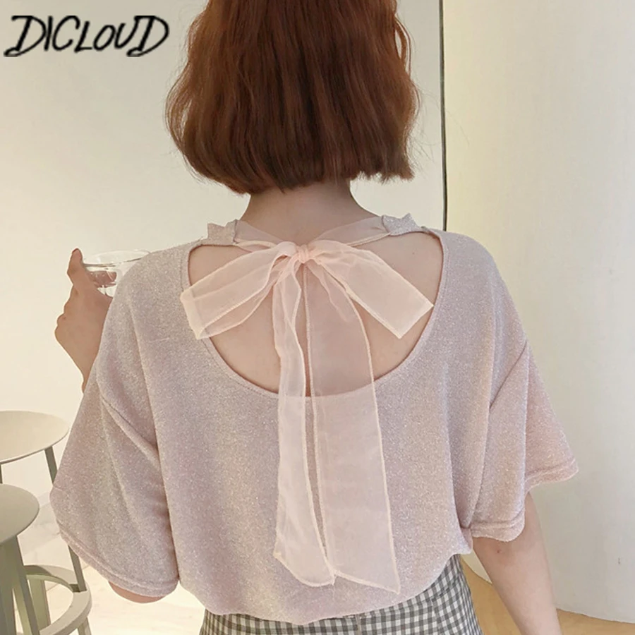 Футболка DICLOUD женская с бантом и лямкой на шее яркий Шелковый Повседневный Топ в