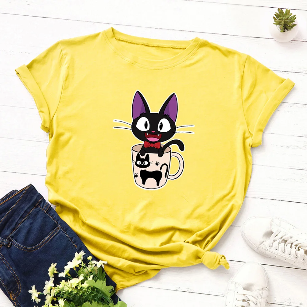 S 5XL Летняя женская футболка большого размера из хлопка с рисунком черного милого