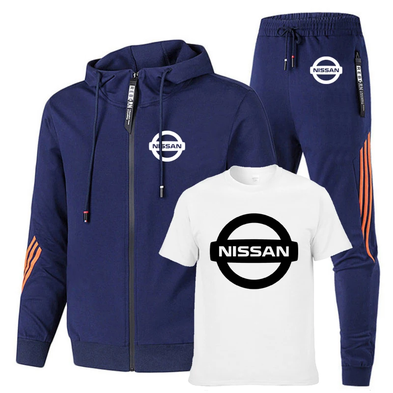 

Men's jackets Nissan car logo Spring Autumn Printed high quality stripe cotton Men's sweatshirt+T-shirt+sports pants 3-piece set