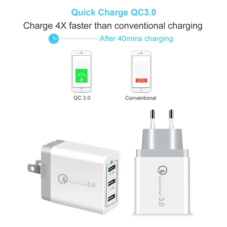 Высокое качество US plug складной 3 порта QC3.0 быстрое зарядное устройство QC 0 30 Вт USB