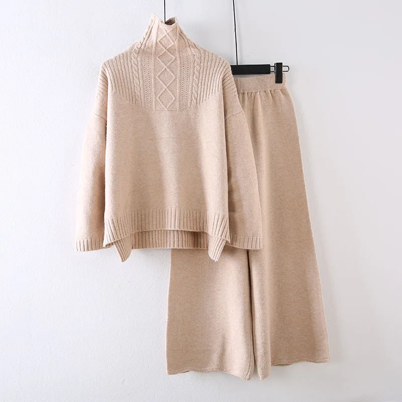 

Autumn Winter Knitted Suit Women 2021 Old Fashion Leisure Turtleneck Sweater Warm Pullover + Wide Leg Pants Sets Two Piece Set