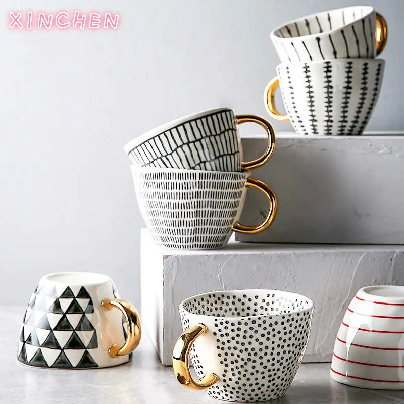 

Creative Irregular Ceramic Coffee Mug with Gold Handgrip Handmade Big Pottery Tea Cup Travel Kitchen Tableware Nordic Home Decor