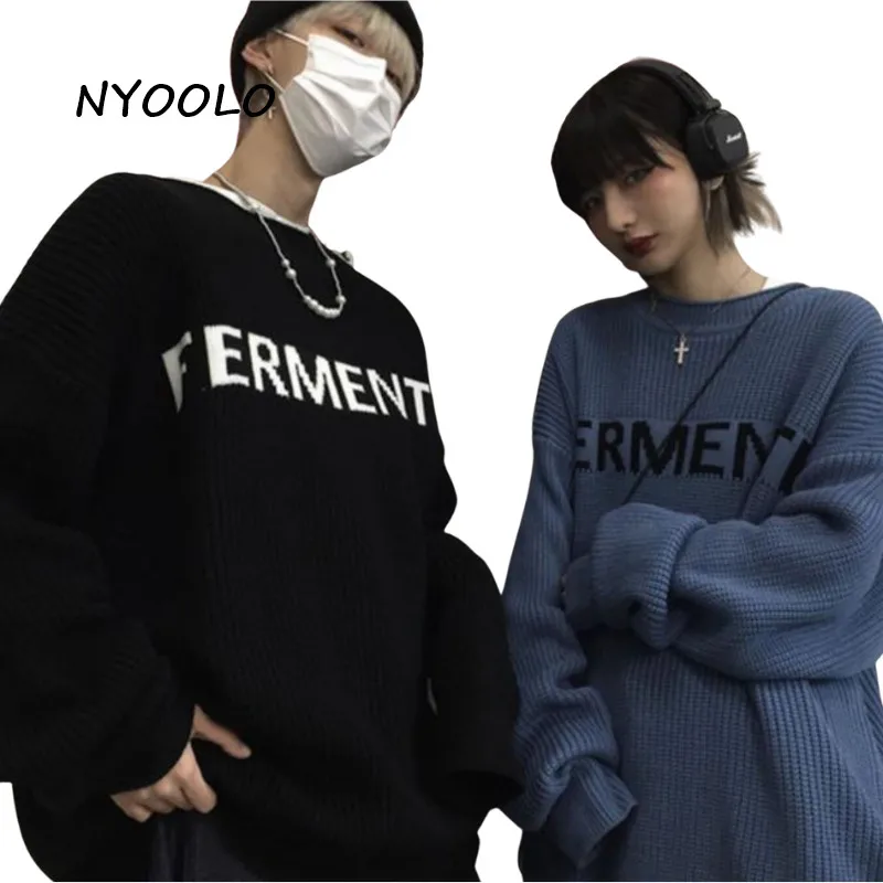 

NYOOLO Casual Oversized Clothes Simple Letters Jacquard Long Sleeve Pullovers Knitted Sweaters Women Men Winter Warm Knitwear