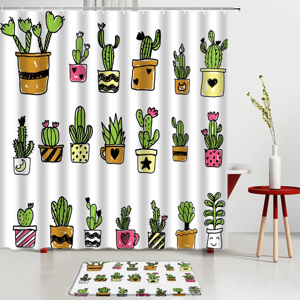 

Cactus Green Plants Cute Cartoon Pattern Shower Curtains Set Bath Mat Bath Screens Bathroom Kitchen Room Decoration Rug