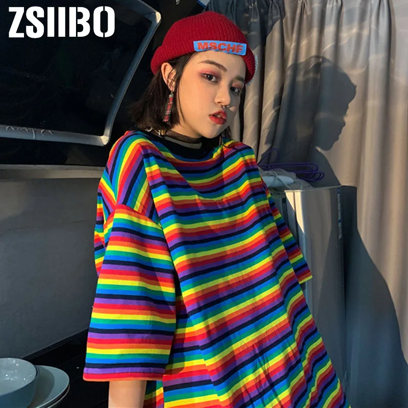 Женская футболка в Корейском стиле Харадзюку с милыми радужными полосками