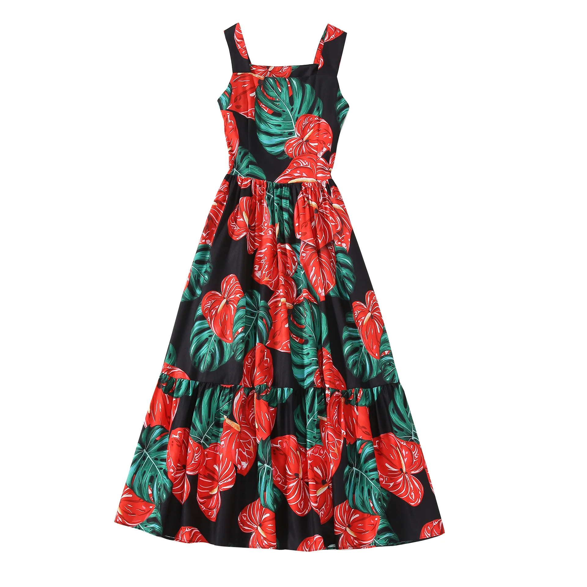 

Vintage spaghetti strap printed dresses for women a-line elegant slim midi summer dress 2020