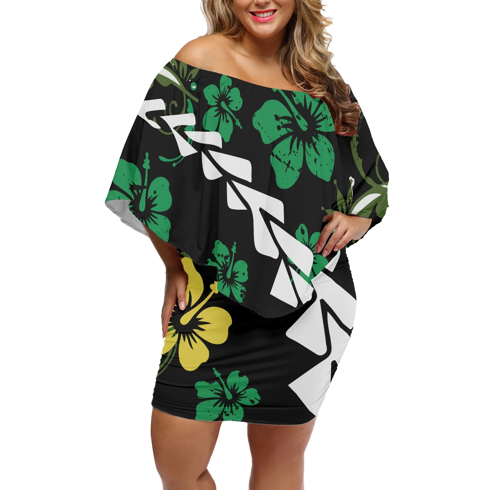 

Hibiscus Printing Off Shoulder Frill Short Dress Women Clothing 2022 Causal Summer Short Sleeve Plus Size Elegant Loose Dress
