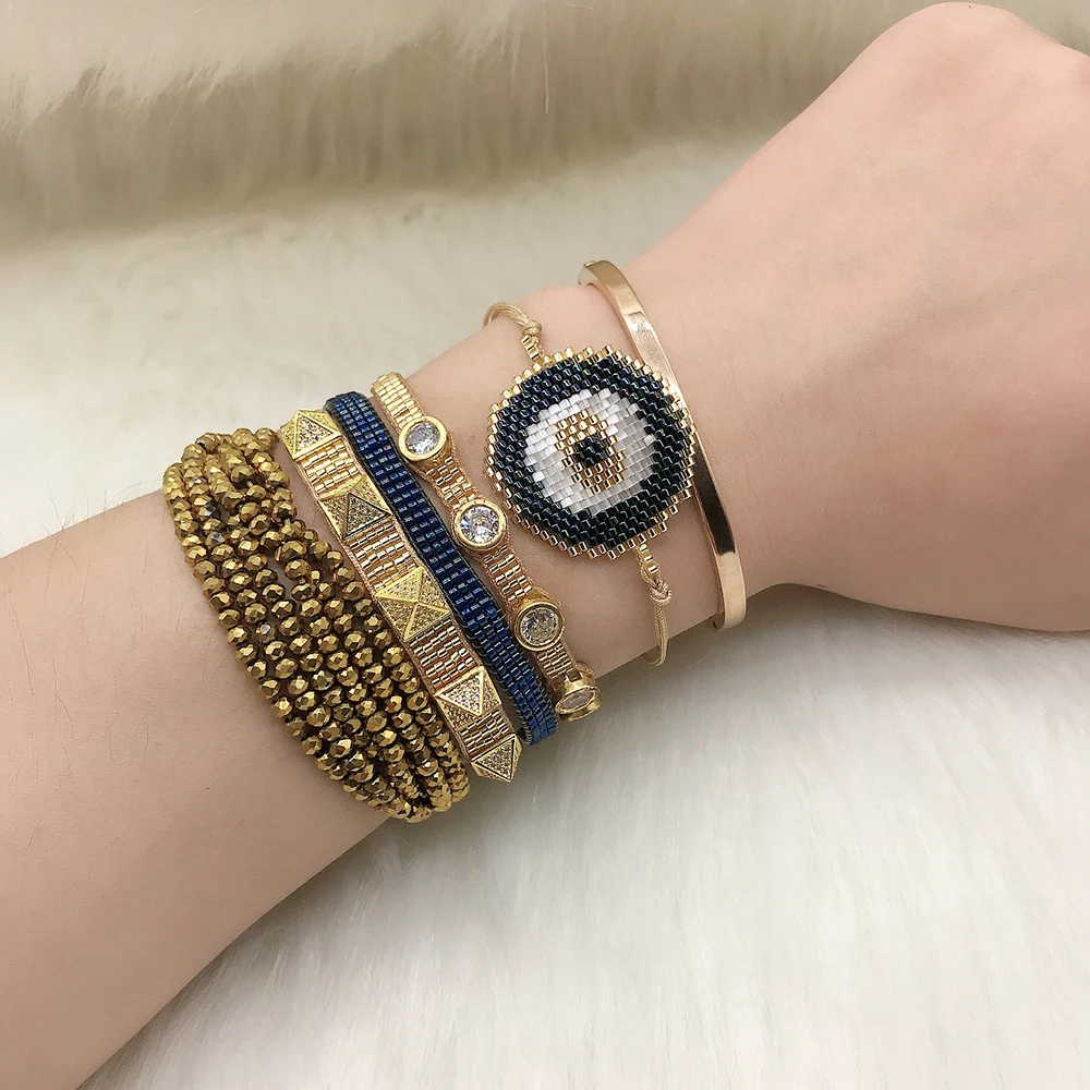 

BLUESTAR 5pcs One Set Evil Eye Women Bangle Handmade Crystal Micro Pave Rivet MIYUKI Bead Bracelets Jewelry Accessories