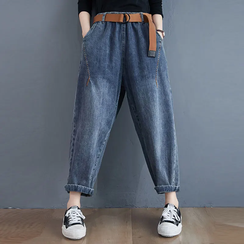 

Autumn New Korea Fashion Women Cotton Denim Harem Pants all-matched Casual Elastic Waist vintage Blue Loose Jeans Plus Size M634