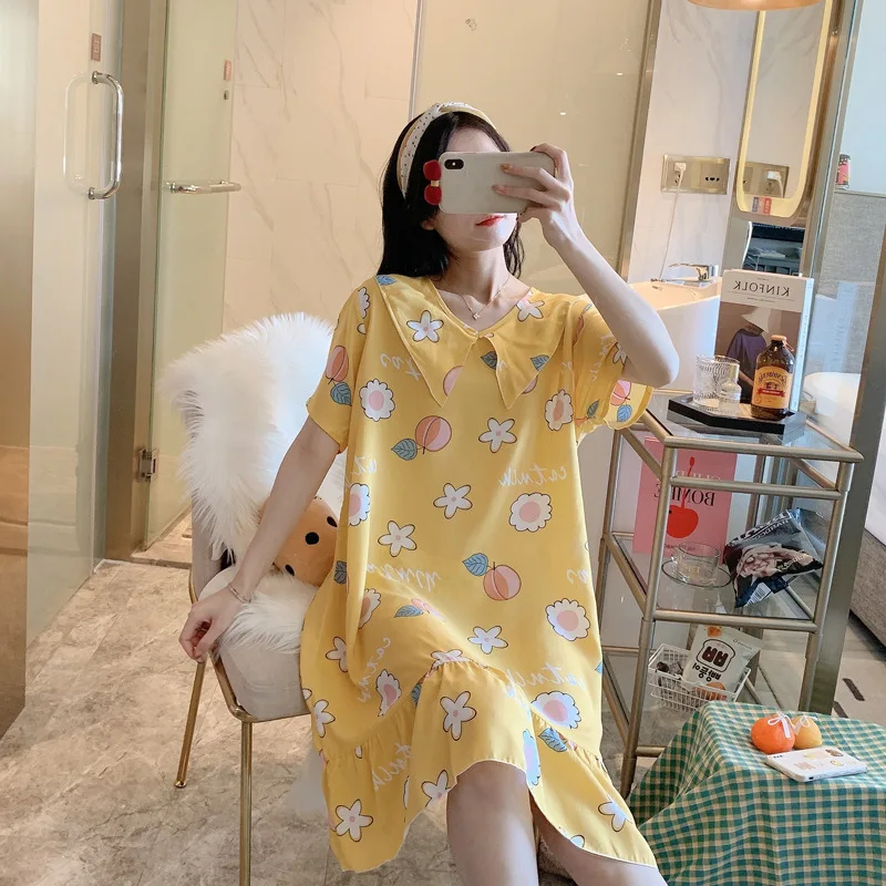 2021 New Summer Women's Nightdress Short Sleeve Nightgown Thin Large Size Loose Printed Housewear Female Sleepwear Nightwear