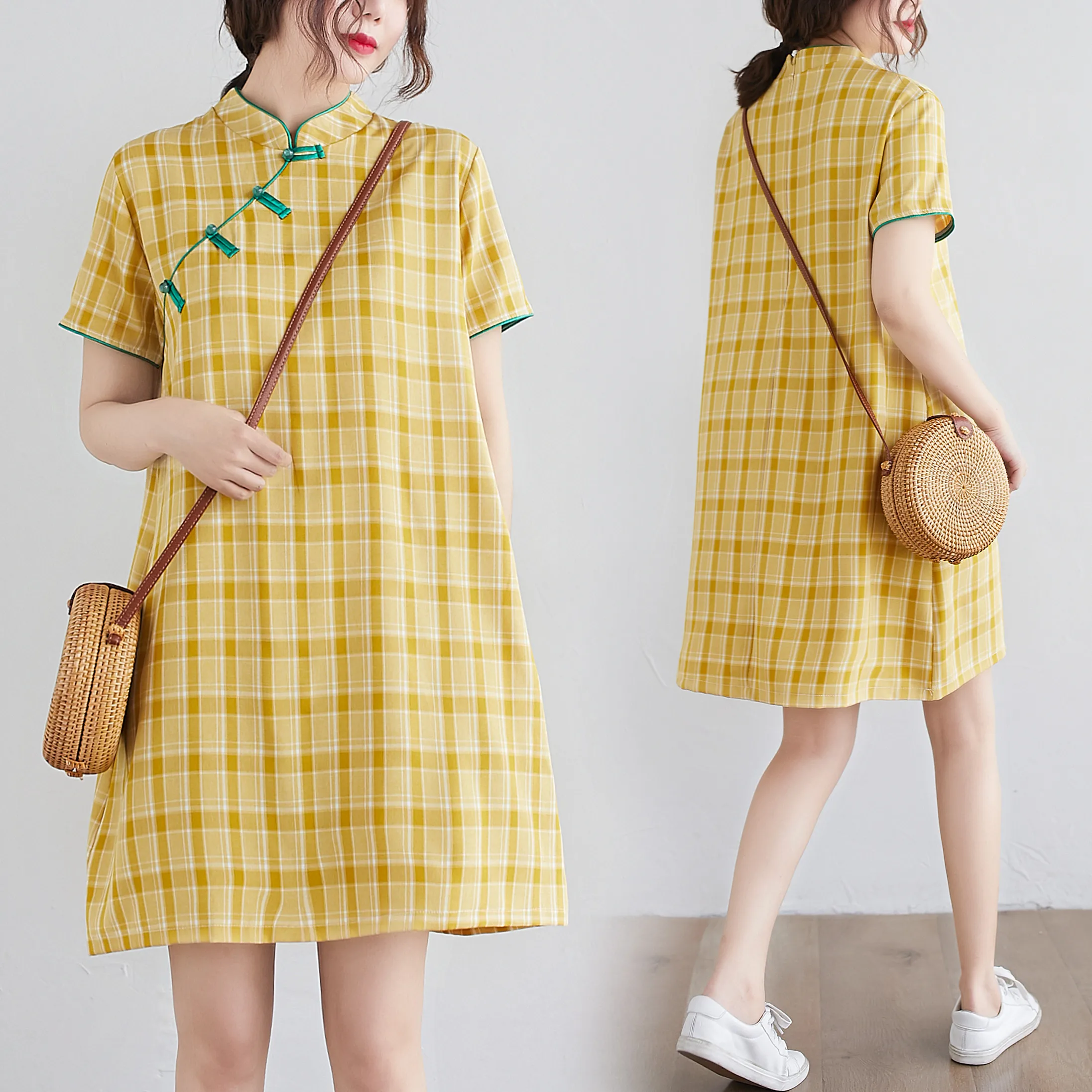 

2020 новые летние художественный большой Размеры Китайский улучшенная застежка-лягушка платье Чонсам свободные похудения молодость хлопок ...