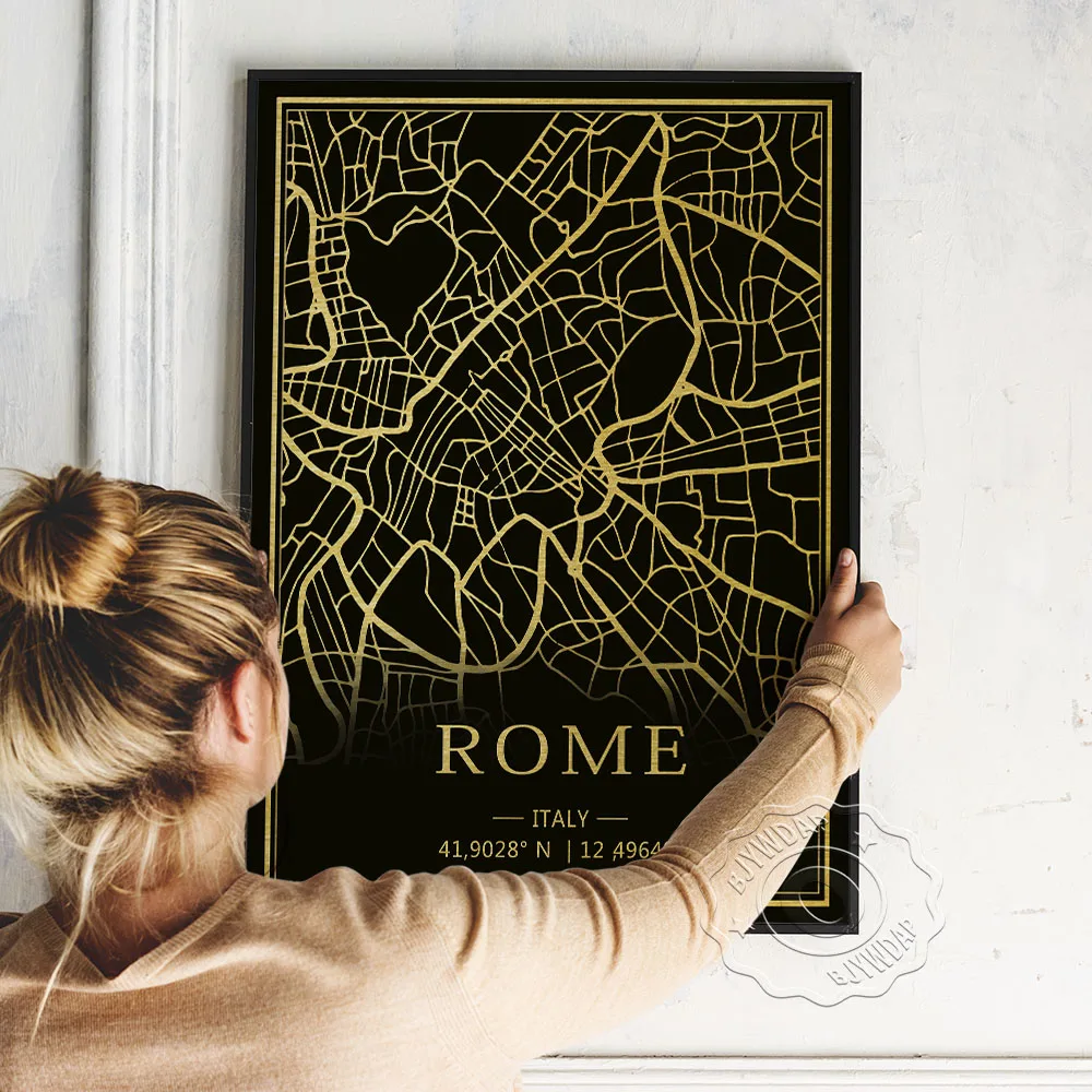 

Italy Rome Black Golden Image Line Map Poster, Rome Geography Location Art Prints, Minimalism Geometry Education Home Wall Decor