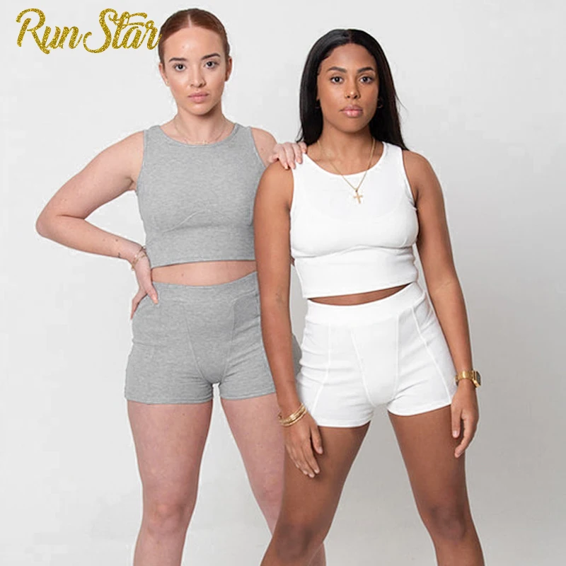 

RunStar Summer Women 2 Piece Sets Solid Crop Top+Shorts Sleeveless Matching Set Casual Sportswear Suit Fitness Jogging Outfits