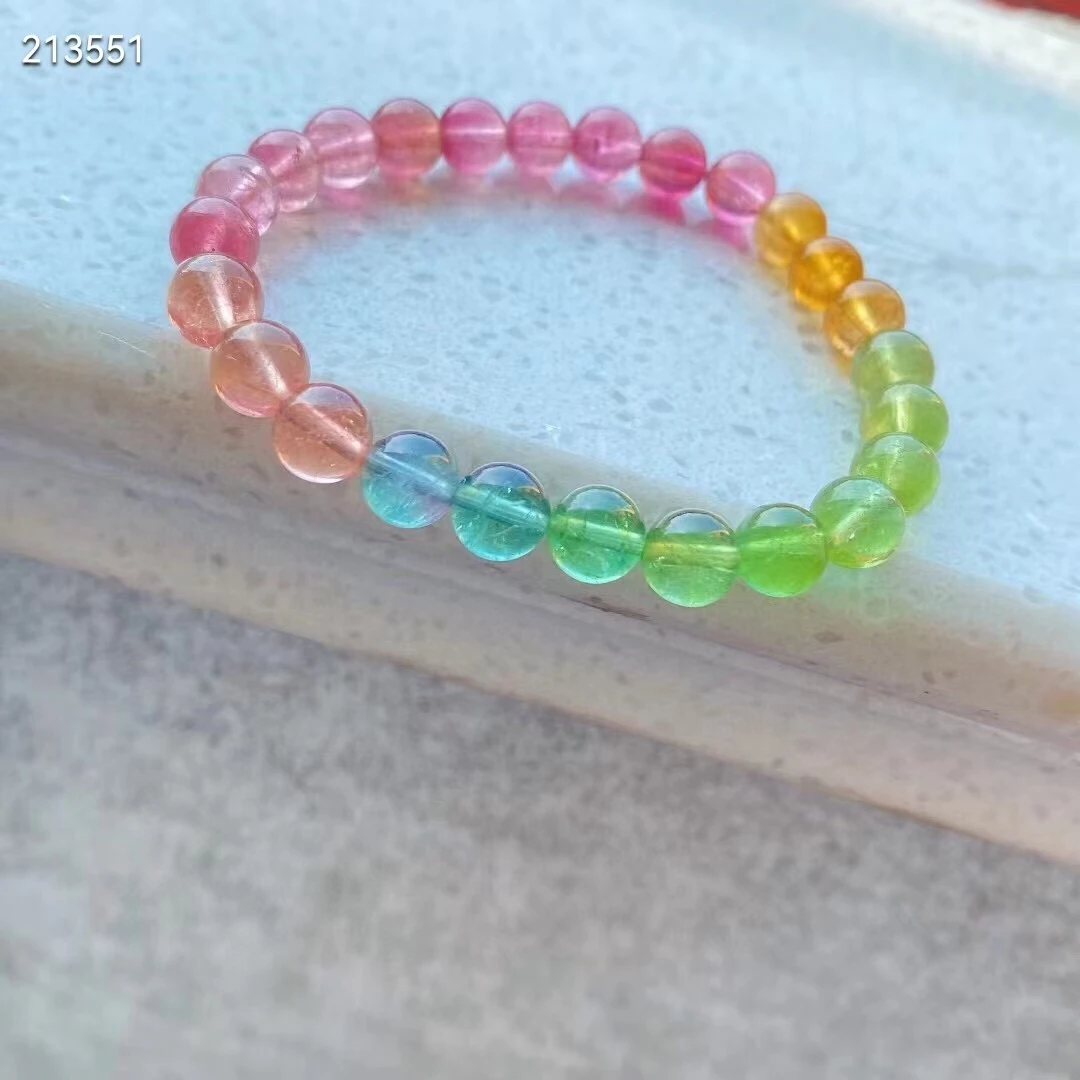 

Genuine Natural Colorful Tourmaline Rainbow Quartz Bracelet 7.3mm Brazil Clear Beads Women Rare Fashion Best Stone AAAAA