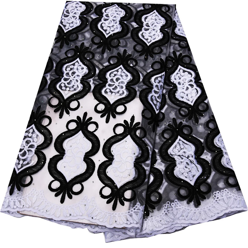 

Black And White Lace fabric tissue High Quality African Lace 5Yards French Tulle Lace With Stones