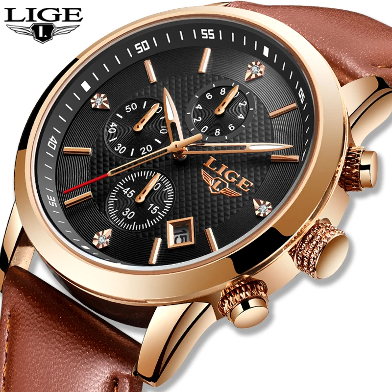 2020 LIGE Top Brand New Casual Fashion Men Quartz Watch Luxury Military Leather Strap Chronograph Men Watch Relogio Masculino