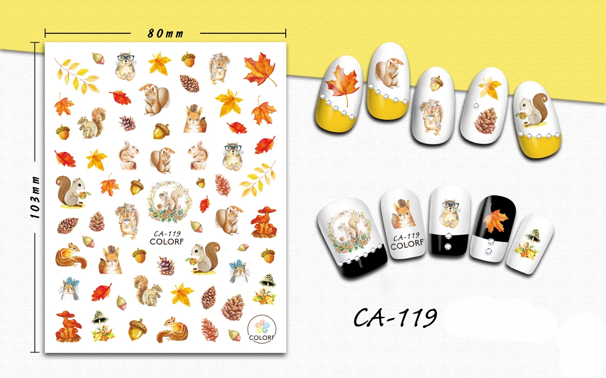 

3D Stickers for Nails Cute Squirrel Leaf Design Nails Art Decoration Manicure Sticker Decals Slider Nail Foil Accessories