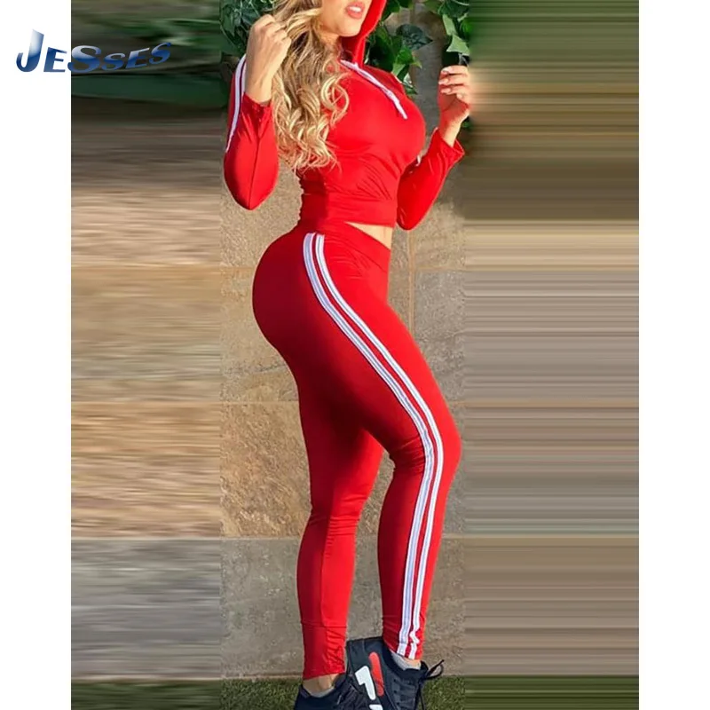 

Sporty Lady Tracksuit Fitness Casual Two-piece Stripe Patchwork Suit Sweatshirt+High Waist Sweatpant Skinny Streetwear 2 Pcs Set