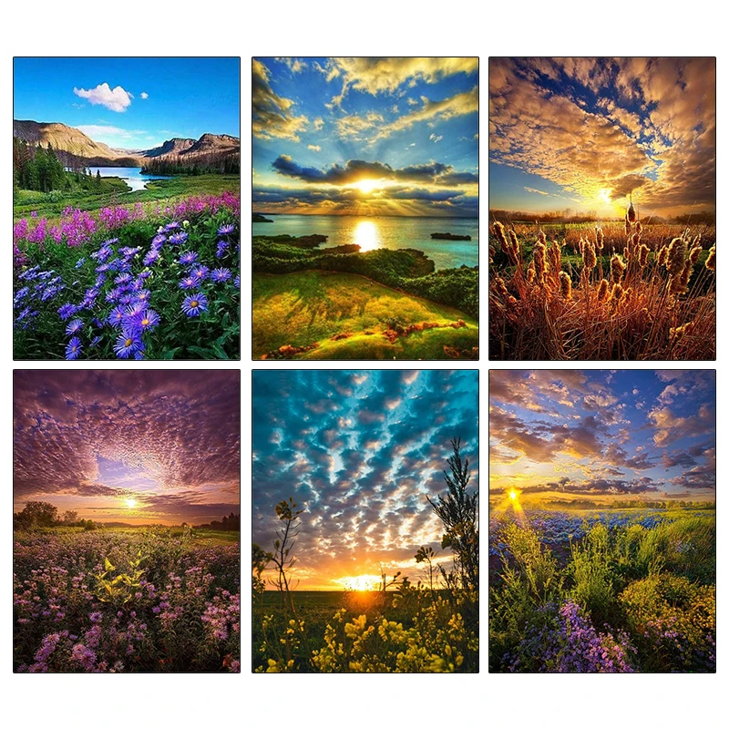 

AMPHIBOLE DIY 5D Full Square Diamond Painting Sunset Cross Stitch Diamond Embroidery Landscape Mosaic Sea of flowers Home Decor