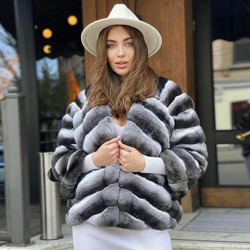 Luxury Women Real Fur Coat V-neck Winter Fashion Chinchilla Color Trendy Rex Rabbit Fur Jacket Female Thick Warm Fur Overcoats