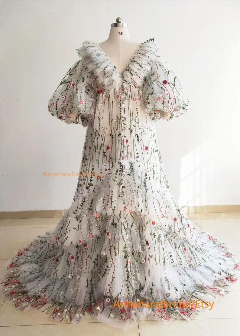 

Embroidery Flower Maternity Dress Sheer Puffy Long Women Maternity Dressing Gowns for Photoshoot Pregnancy Bridal Robes