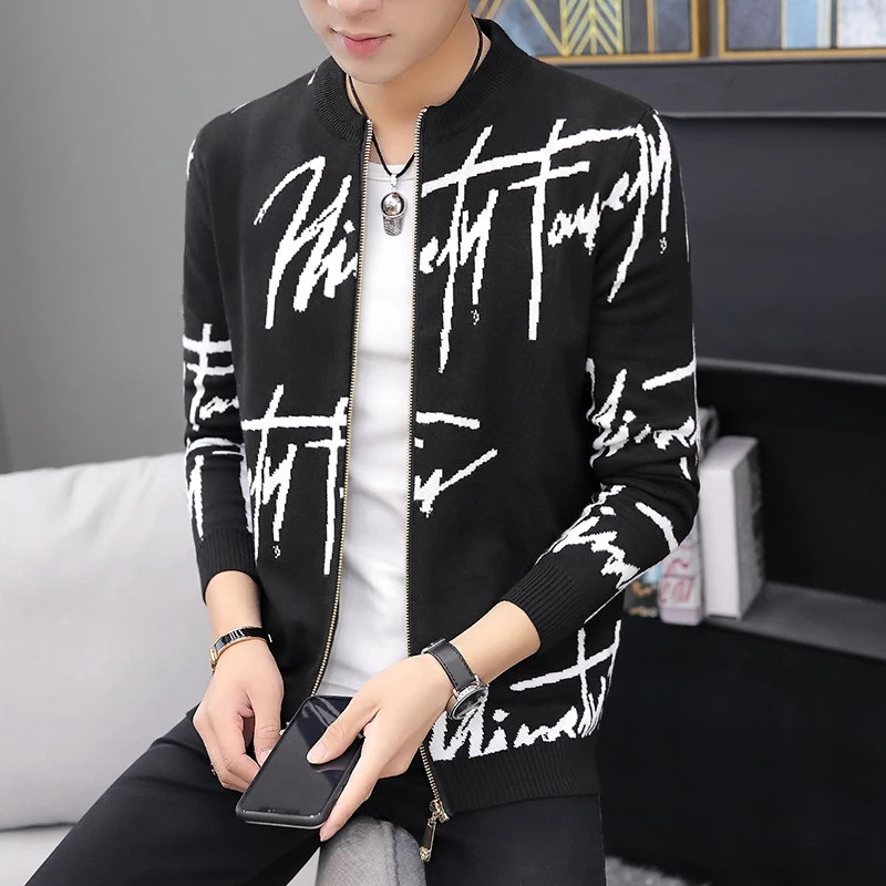 Повседневный мужской свитер с надписью пальто кардиган на молнии узором для