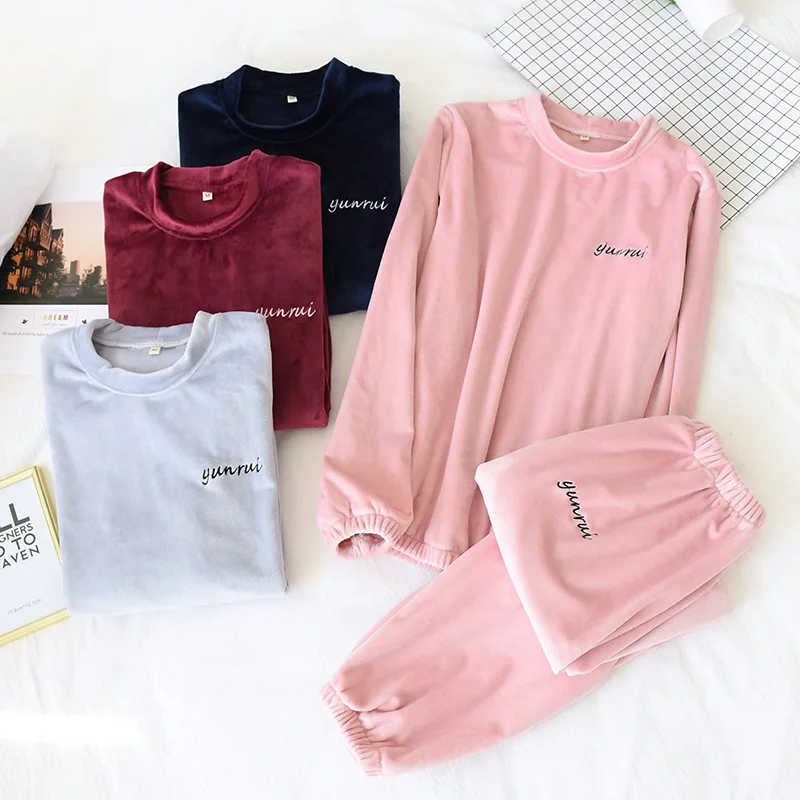 Two Piece Pajama Set Sleepwear Couple Pajamas Set Plush Loose Simple Home Service Suit Solid Color Round Neck Schlafanzug