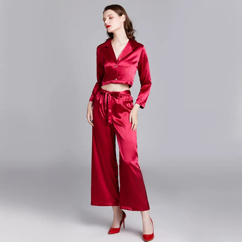 Wasteheart New Blue Red Women's Sleep Pajama Sets Sleepwear Bath Sexy Nightwear Suits Faux Silk 2 Pieces Sleep Sets Midriff