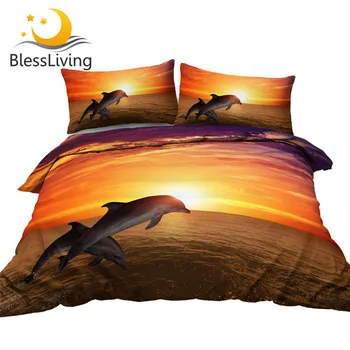 BlessLiving Jumping Dolphin Bedding Set Marine Life Duvet Cover Beautiful Sunset Quilt Cover 3D Print Ocean Sea Bedclothes 3pcs 1
