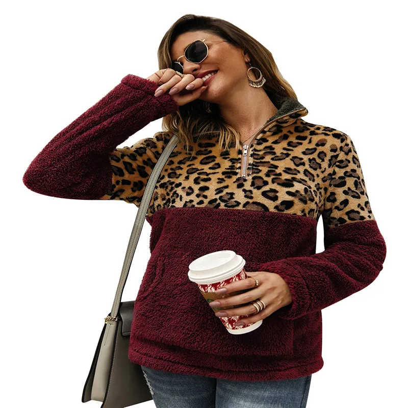 2019 Autumnn Women's Faux Fur Sweater Leopard Turtleneck Teddy Bear Fleece Pullover Zipper Coat Outwear Femme Modis | Женская одежда