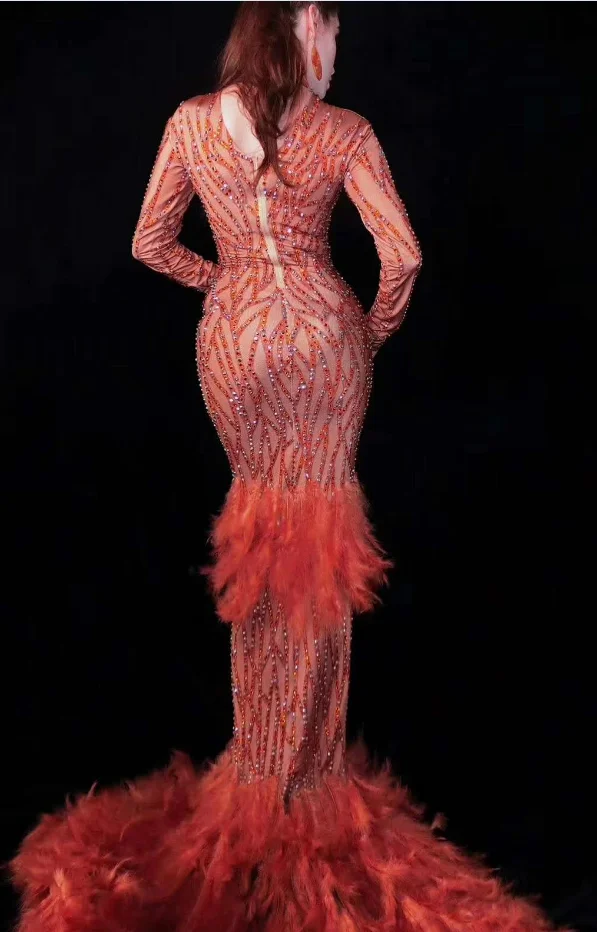 

Women Spring Dress 2021 Red Rhinestone Feather High Elastic Costume Party Celebrate Female Singer Formal Wear Competition Dress