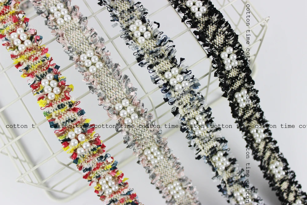 1 yard 3cm Tweed Webbing Pearl Beaded Trim Fabric Ribbon Sewing Handmade DIY Costume Dress Supplies Craft