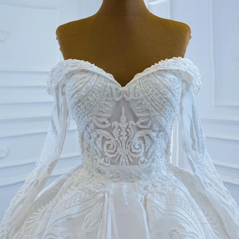 J67206 Ball-Gown Beaded Crystal Luxury Wedding Dress 2020 Long Sleeve Sweetheart Lace Up Back Off The Shoulder