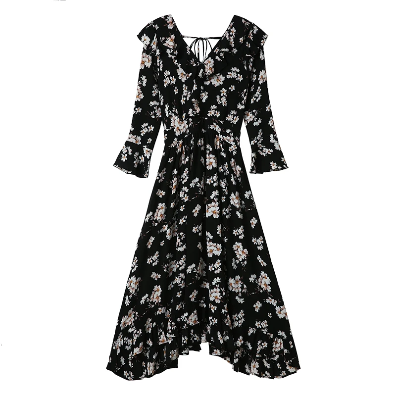 

Long Black Chiffon Floral Women Dress Autumn Spring 2020 Elegant Long Sleeve Dresses Korean Boho Vintage Casual Party Dress New