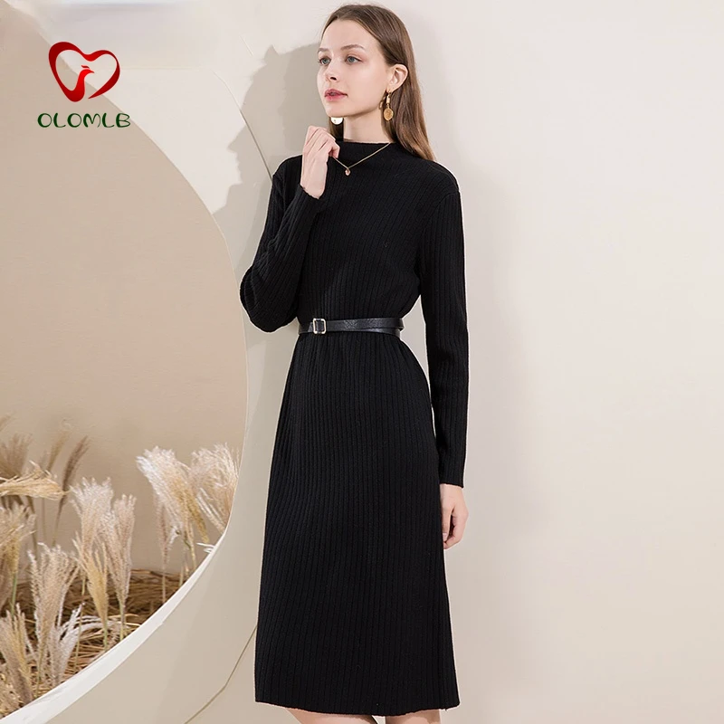 

Knitted Long Black Sweater dress female Belt Autumn Ladies Dress Casual Sashes Loose Knit Dresses For Women 2021 New