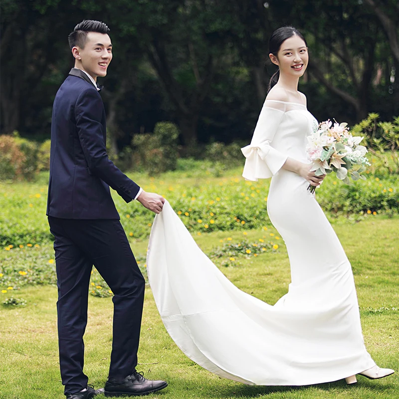 Элегантное белое свадебное платье 2019 года длинное Русалка с вырезом лодочкой