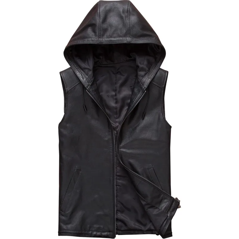Высокое качество для мужчин высокого 100% настоящая козья кожа жилет с капюшоном
