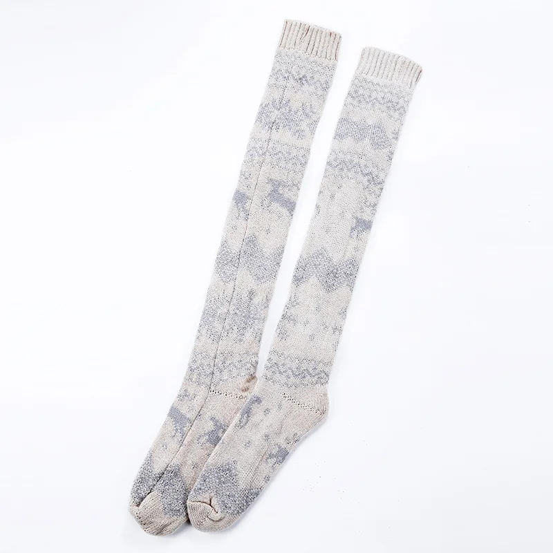

Women Christmas Snowflake Elk Socks Thigh High Long Stockings Warm Winter Knitting Over Knee Socks Xmas Wool Soft Socks