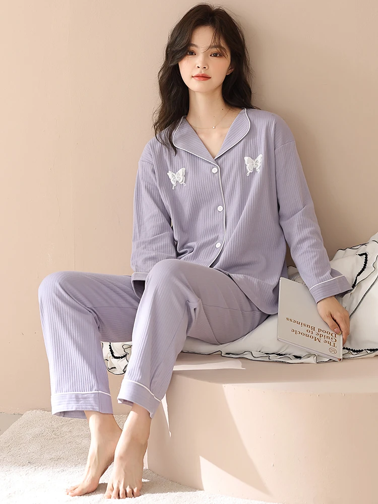 Spring Women Pajamas Sleepwear 2 Pcs Pure Cotton Butterfly Decoration Bowknot Turn-down Collar New Purple Nighty For Girls Pants