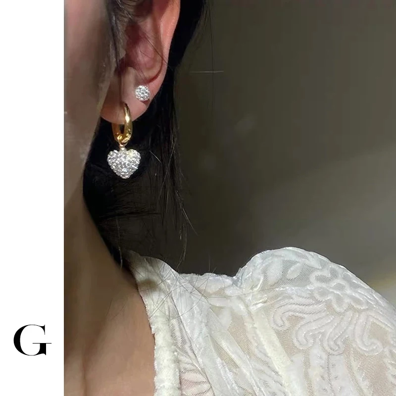 

GHIDBK 2021 Hot Sale Fashion Shiny Rhinestone Chunky Statement Heart Charms Shaped O Night Club Style Hoop Earrings Ins Jewelry