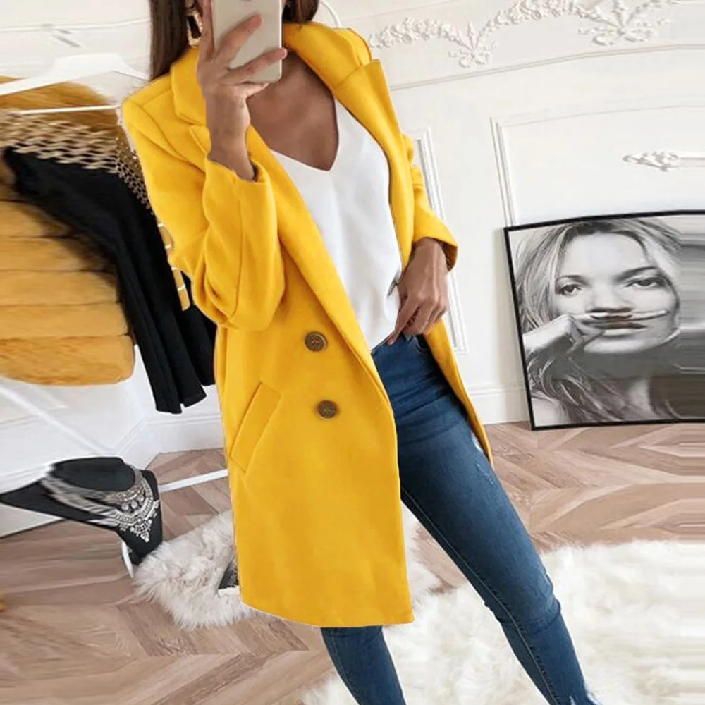 

New women's fashion solid color lapel mid-length stitching buttons temperament woolen coat jacket women
