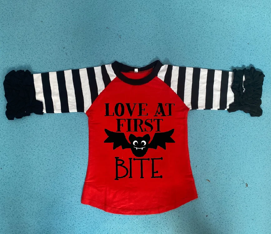 

Spring/winter red love at first bite T-shirt top ruffle sleeves shirt icing raglans t-shirt cotton baby girl clothes