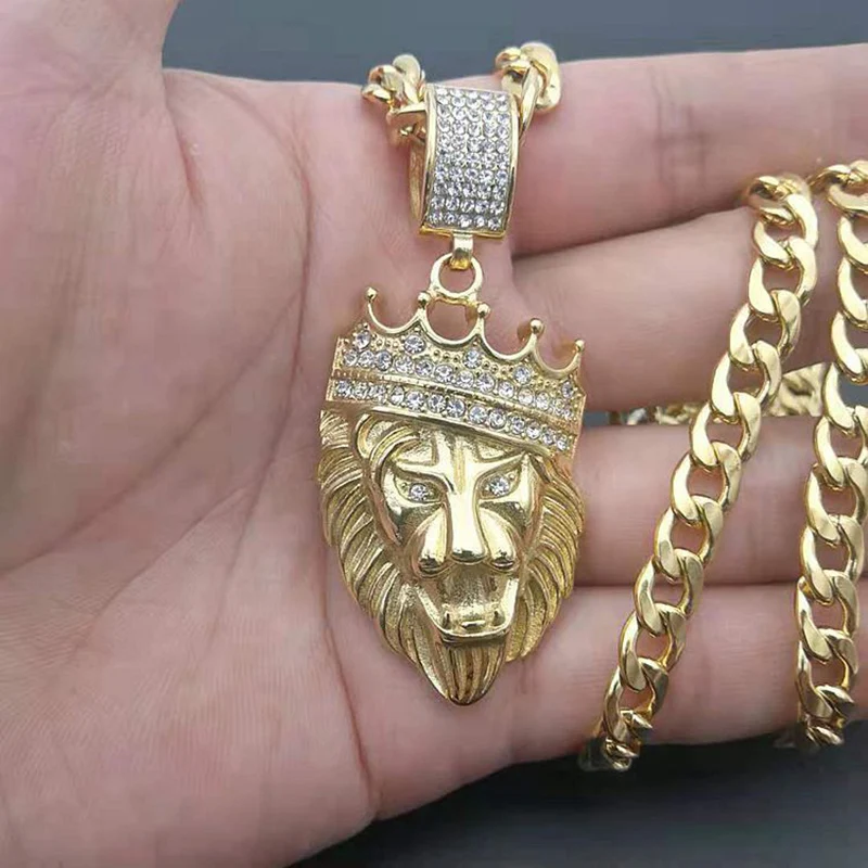

В стиле «хип-хоп» Bling льдом Стразы Золотой Нержавеющая сталь корона лев Подвески Цепочки и ожерелья для Для мужчин, реперские кепки ювелирн...