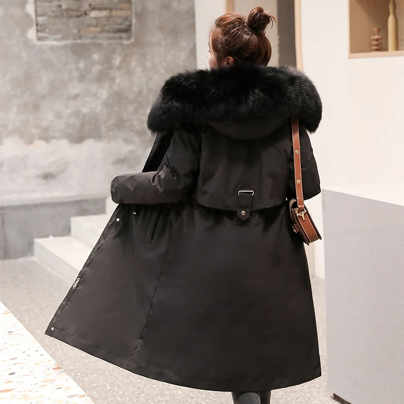 Women's Witner Jacket Hooded X-long Wool Liner Female Cold Coat Slim Solid With Fur Collar Casual Thick Parkas Woman | Женская