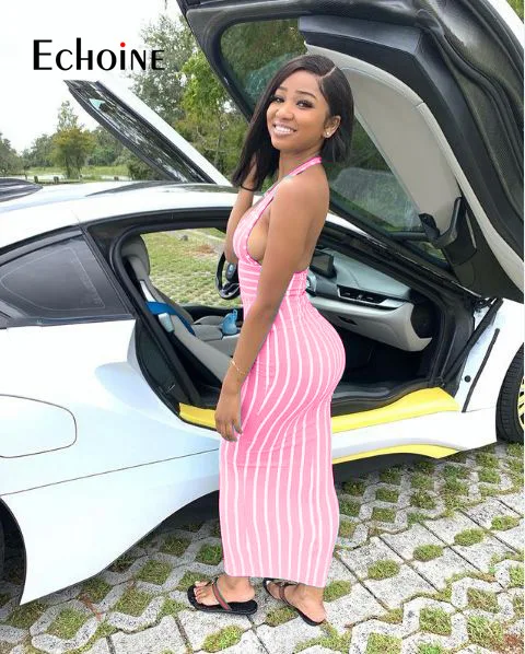 

Echoine Women Striped Print Long Dress Sleeveless Halter Backless Strechy Maxi Pencil Dresses Sexy Fashion Summer Beach Outfits
