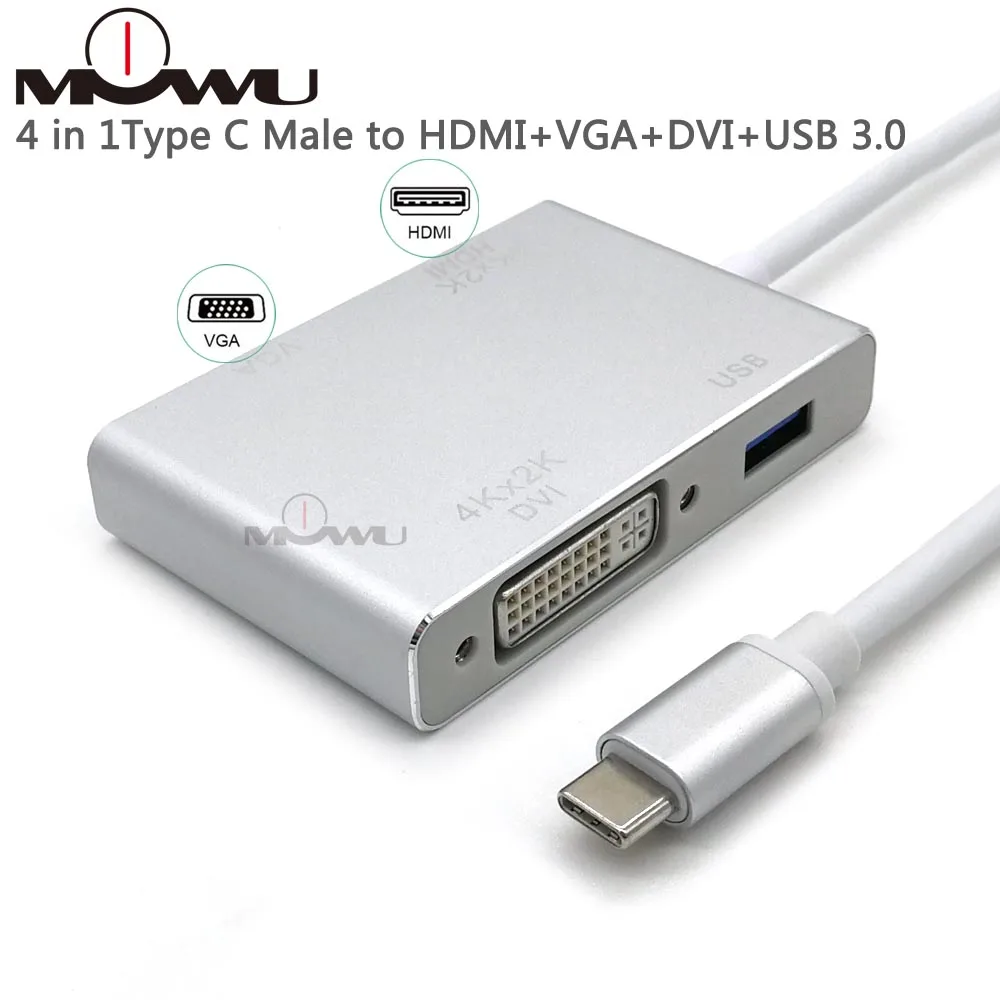 Переходник 4 в 1 с портом Type-C папа на HDMI + VGA DVI USB 3 0 мама алюминиевый адаптер
