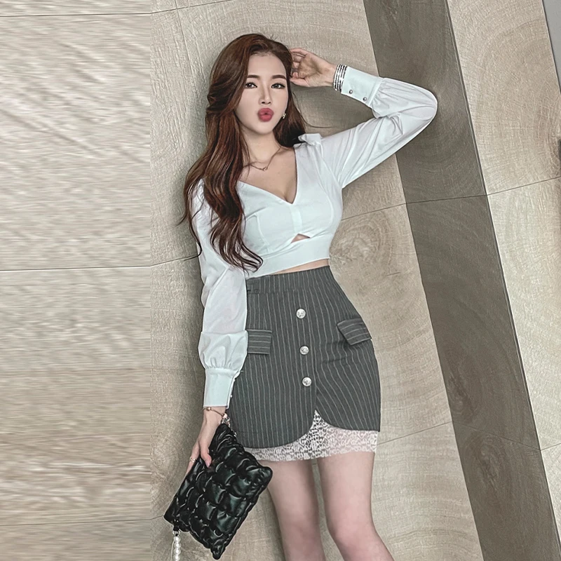 

Hot Sale Women Spring 2 Pieces Set Sexy White Short Shirt Crop Top & Fashion High Waist Stripe Mini Pencil Skirt Korean Chic Set